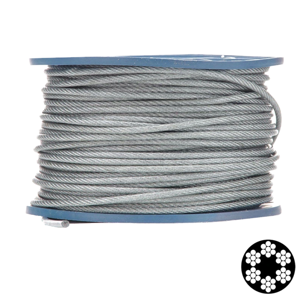 Трос APRO 6мм (5+1мм) DIN 3055 (6x7 + FC) бухта 100м в ПВХ обплетенні оцинкований