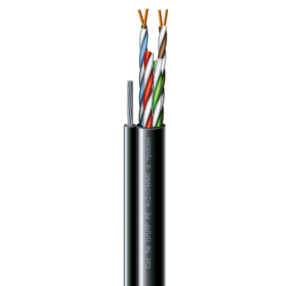 Кабель кручена пара ЗЗКМ (UTP мідь вуличний з тросом) Cat. 5e U/UTP  РЕ steel cord 4x2x24 AWG (k) трос (70910181) бухта 500м.