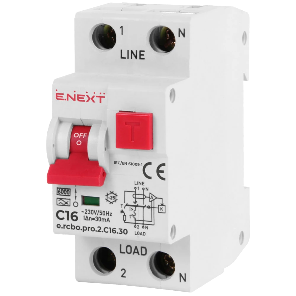 Вимикач диференціального струму із захистом від надструмів Enext e.rcbo.pro.2.C16.30, 1P+N, 16А, С, тип А, 30