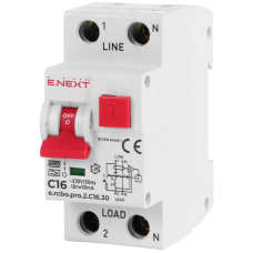Вимикач диференціального струму із захистом від надструмів Enext e.rcbo.pro.2.C16.30, 1P+N, 16А, С, тип А, 30